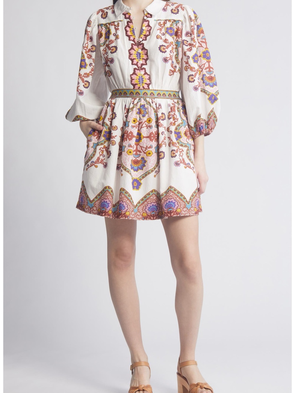 Cleobella Leigh Placed Print Long Sleeve Cotton & Linen Minidress XL